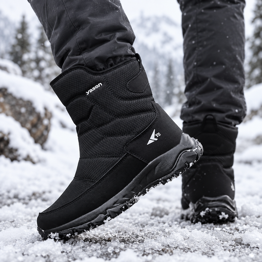 Winterstiefel Herren in Schwarz beim Gehen im Schnee