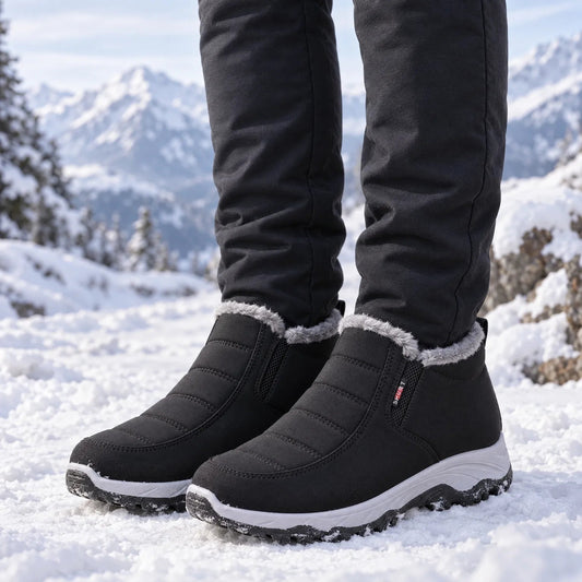 Winterschuhe Damen gefüttert getragen im Schnee – Slip-on Stiefeletten in Schwarz