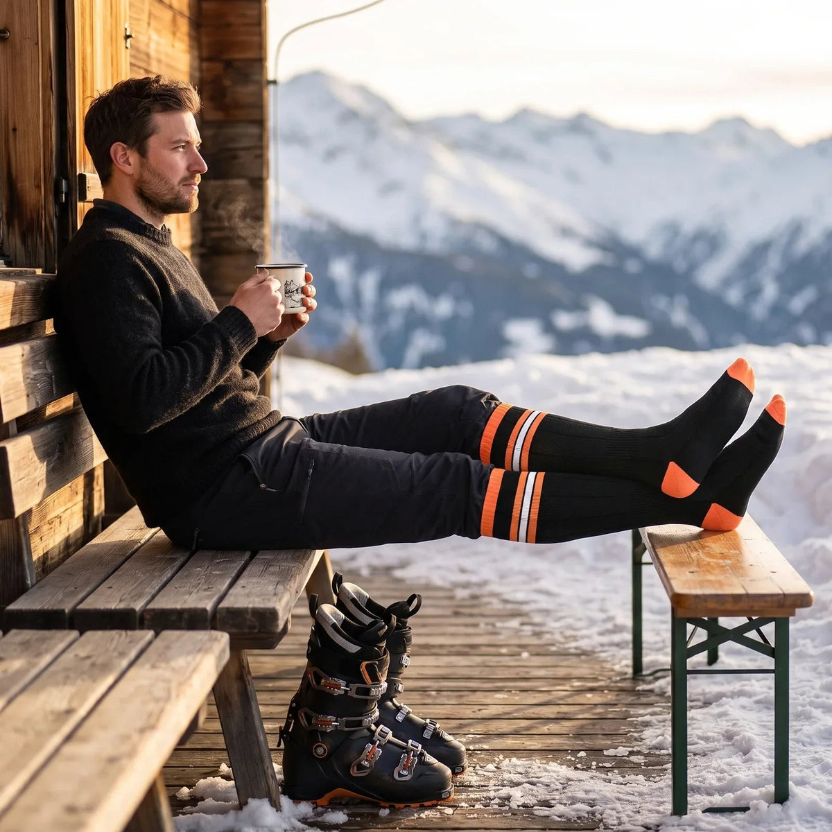 Beheizbare Socken – an der Hütte im Schnee