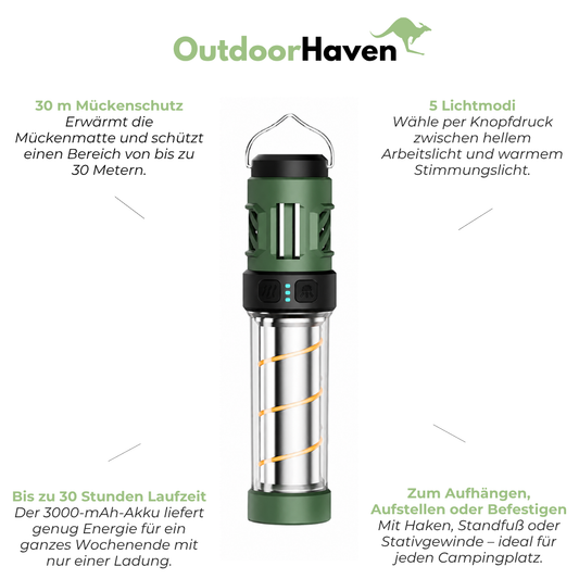 LED-Campinglampe mit Mückenschutz – 5 Lichtmodi – USB-Aufladbar mit Stativ