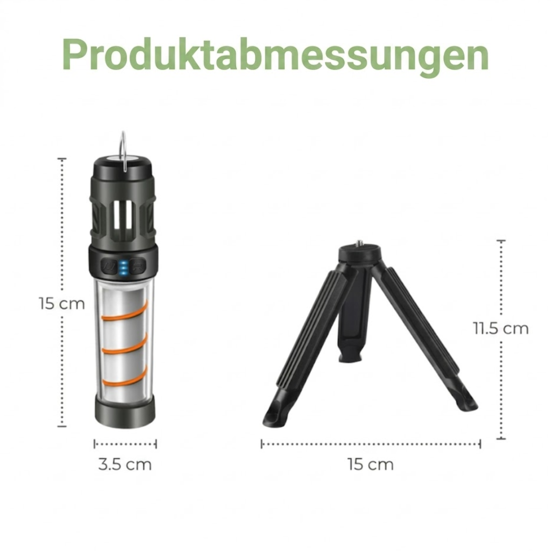 LED-Campinglampe mit Mückenschutz – 5 Lichtmodi – USB-Aufladbar mit Stativ