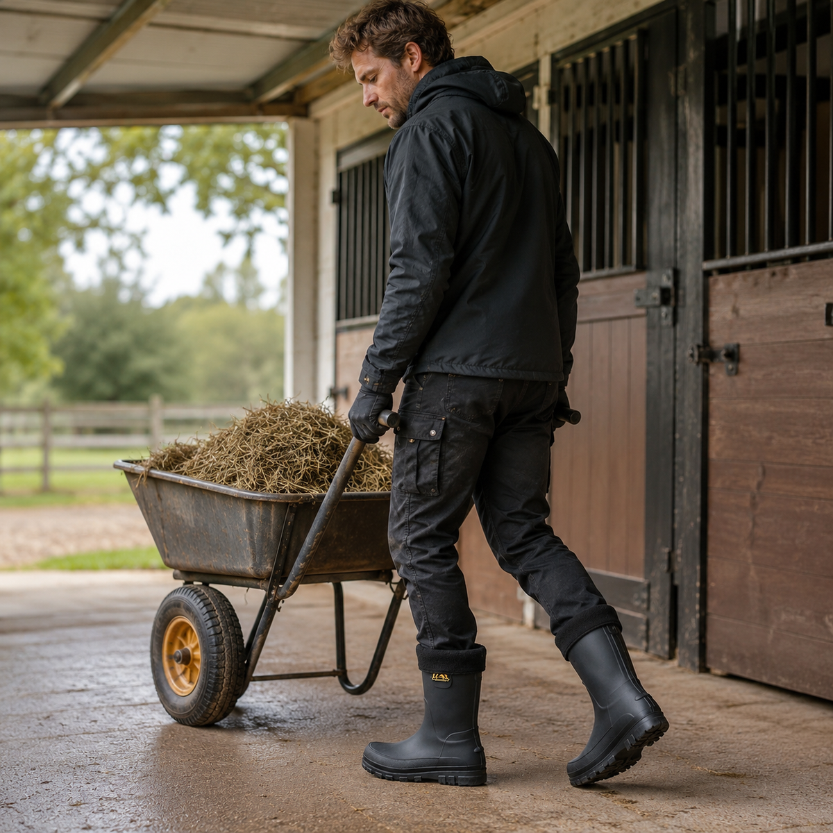 Gefütterte Gummistiefel bei der Stallarbeit mit Schubkarre