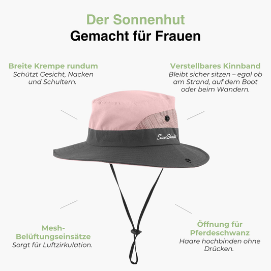 Damen Sonnenhut mit breiter Krempe – UV-Schutz – Öffnung für Pferdeschwanz