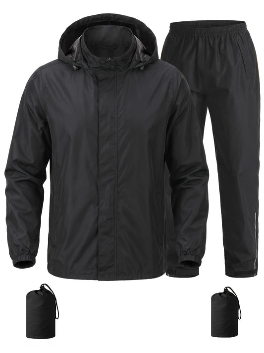 Schwarzer Regenanzug im Set: Jacke mit Kapuze und Regenhose mit Gummibund