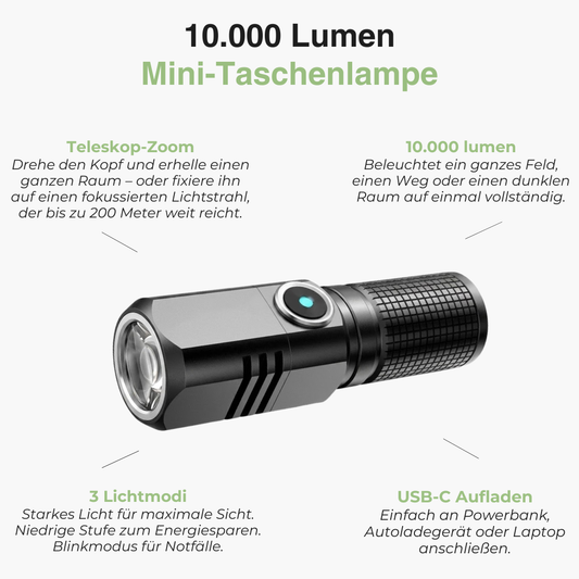 Mini LED Taschenlampe Wiederaufladbar – 10000 Lumen – USB-C & Zoomfunktion