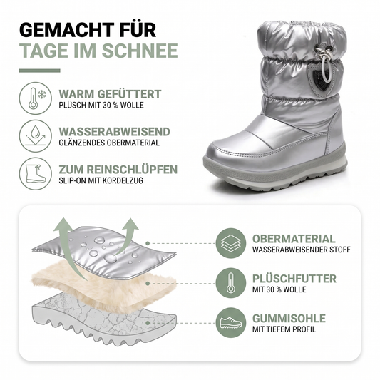 Materialaufbau der Winterschuhe für Kinder: wasserabweisender Stoff, Plüschfutter und Gummisohle