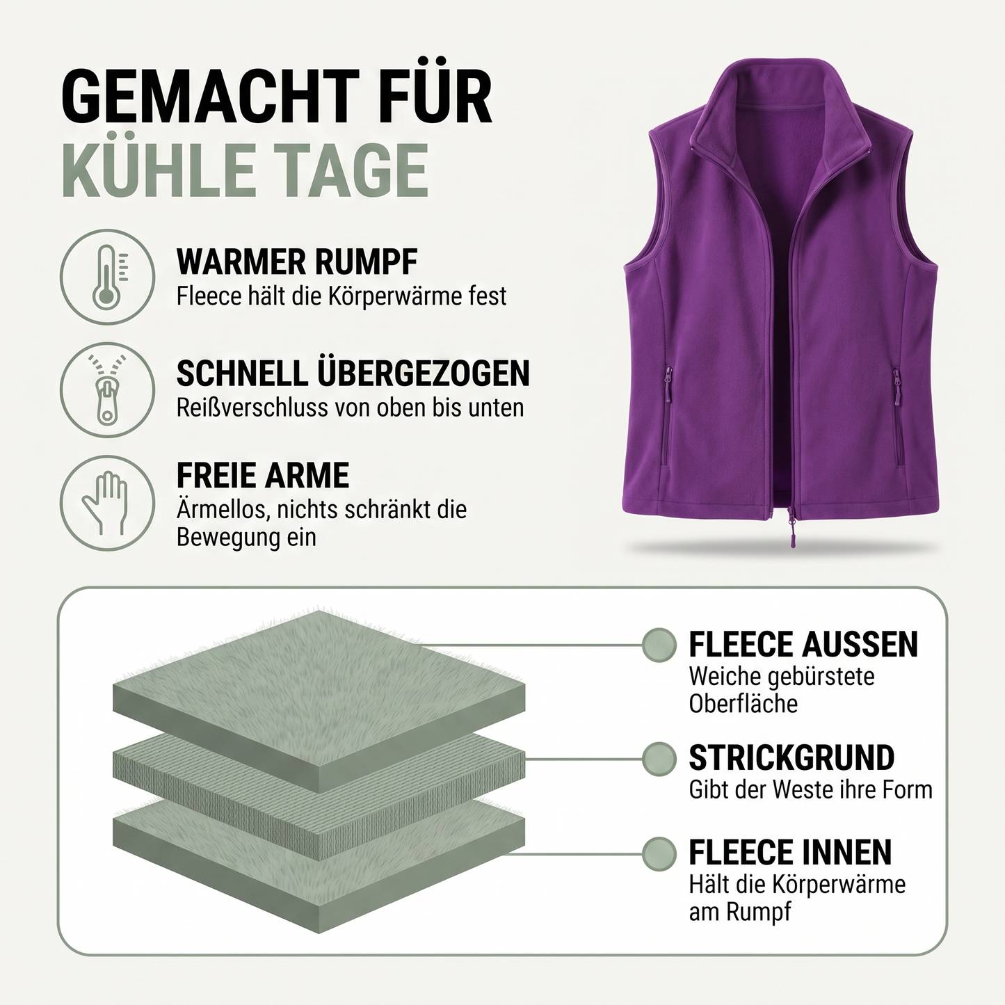 Fleeceweste Damen - Ärmellose Weste mit Stehkragen - Durchgehender Reißverschluss