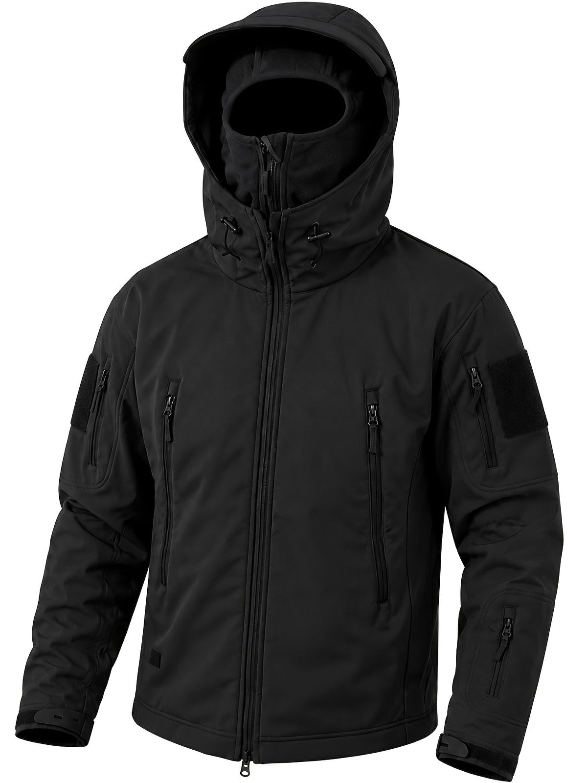 Schwarze Softshelljacke mit Kapuze und integrierter Sturmhaube, Vorderansicht