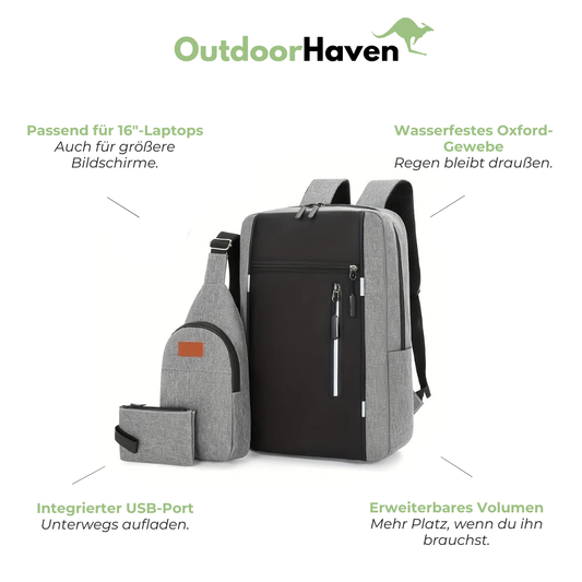 Schulrucksack Herren - 3in1-Set - mit USB-Anschluss