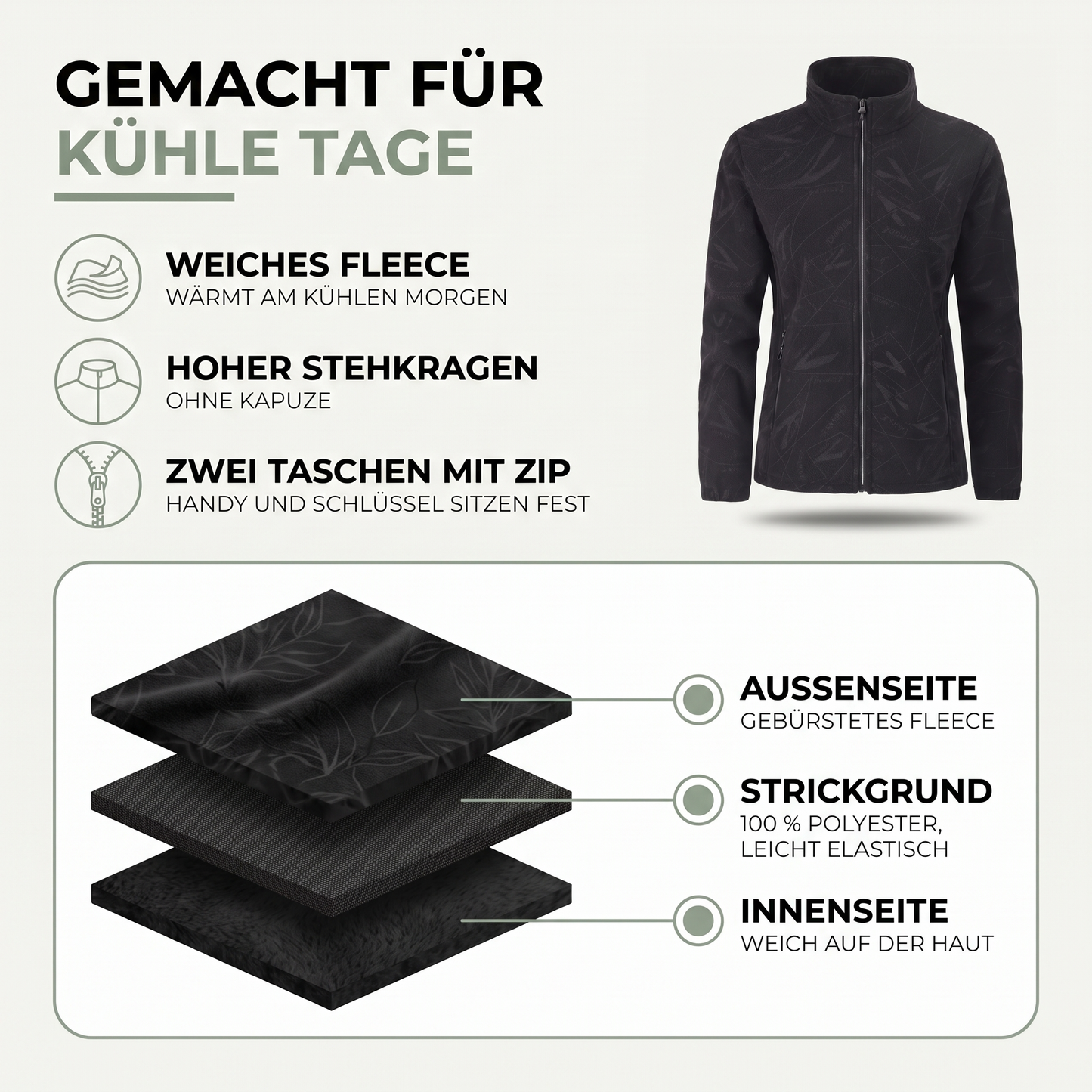 Übergangsjacke Damen - Weiches Fleece mit Stehkragen - Zwei Reißverschlusstaschen