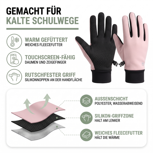 Aufbau der Kinderhandschuhe: wasserabweisendes Polyester, Silikon-Griffzone und weiches Fleecefutter