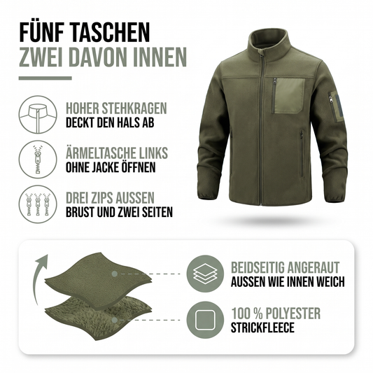 Ausstattung der Fleecejacke: Stehkragen, Ärmeltasche, drei Reißverschlusstaschen außen und beidseitig angerautes Fleece