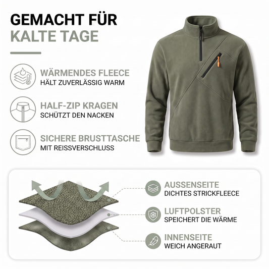 Materialaufbau des Fleecepullover Herren: dichtes Strickfleece außen, wärmendes Luftpolster, weich angeraute Innenseite