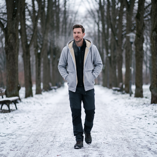 Kapuzenjacke Herren grau mit Sherpa-Futter und Zipper – im Winter getragen