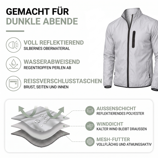 Materialaufbau der reflektierenden Jacke für Herren: Außenschicht, winddichte Schicht und Mesh-Futter