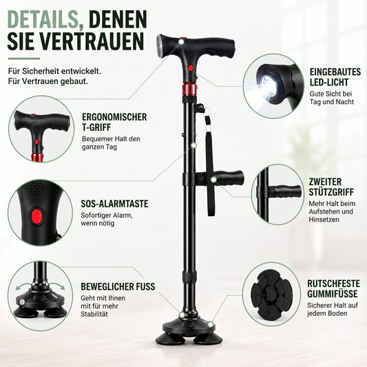 Gehstock klappbar – Details: T-Griff, Alarm, LED-Licht, Vierfuß
