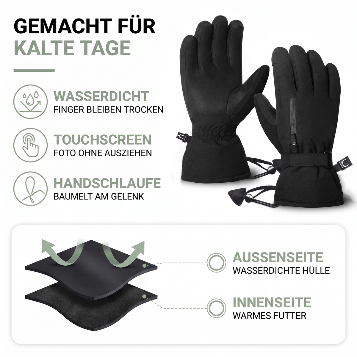 Skihandschuhe wasserdicht - Touchscreen - mit Handschlaufe