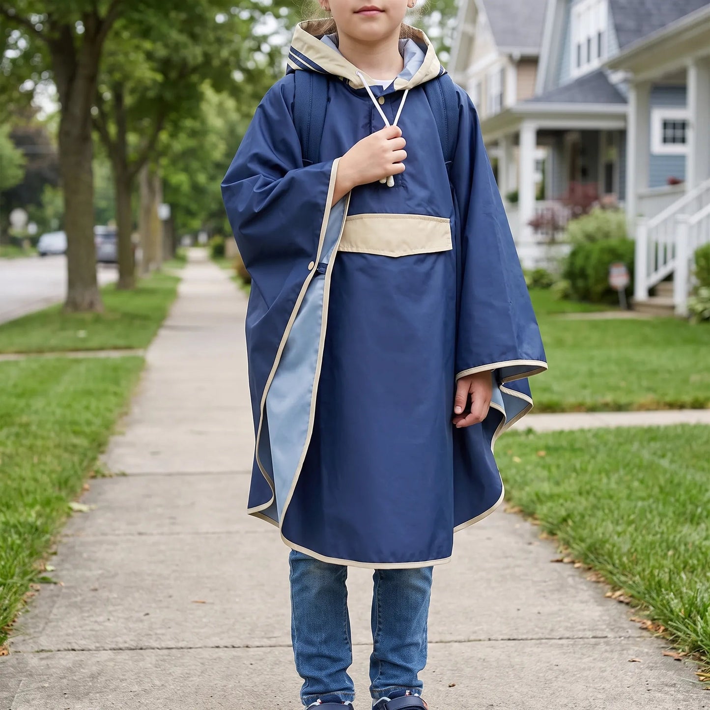 Regenponcho für Kinder mit Kapuze und weitem Cape-Schnitt für den Schulranzen
