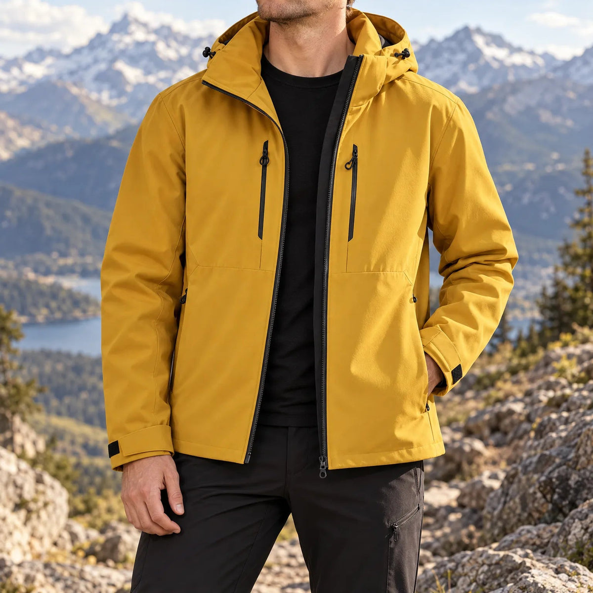 Windbreaker Jacke Senfgelb getragen beim Wandern im Freien