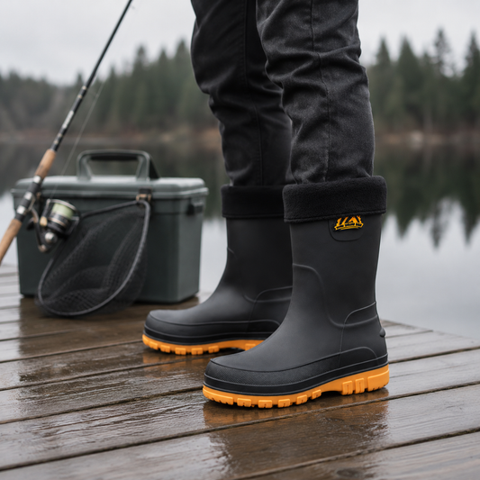 Gefütterte Gummistiefel getragen beim Angeln auf einem nassen Holzsteg