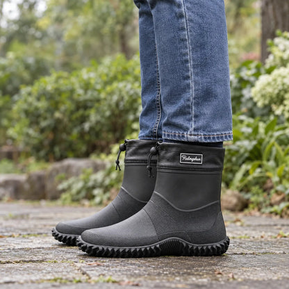 Kurze Gummistiefel Schwarz getragen auf einem nassen Gartenweg