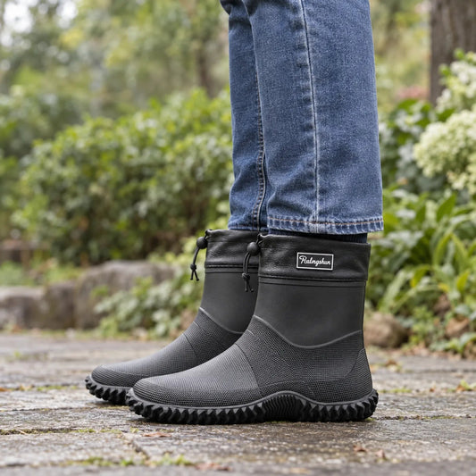 Kurze Gummistiefel Schwarz getragen auf einem nassen Gartenweg