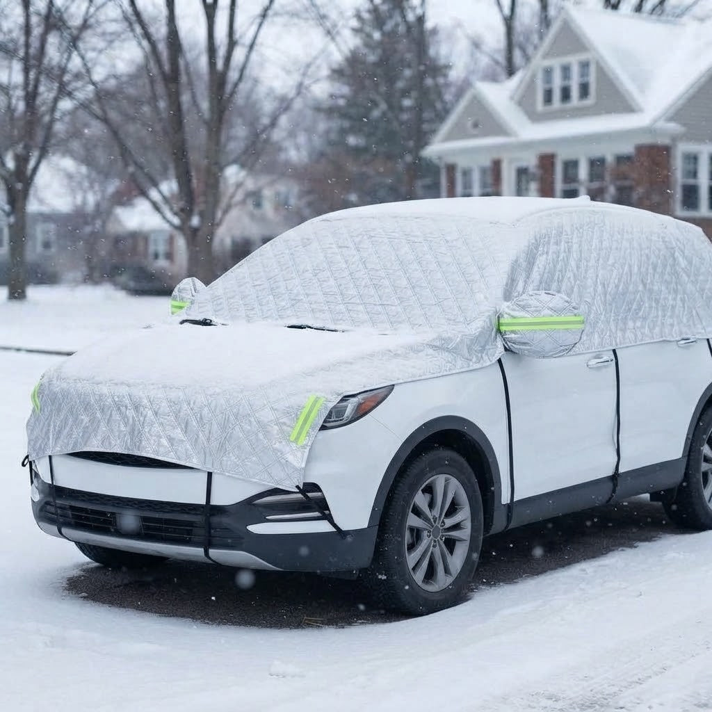 Autoabdeckung SUV Winter in Silber auf weißem SUV im Schnee