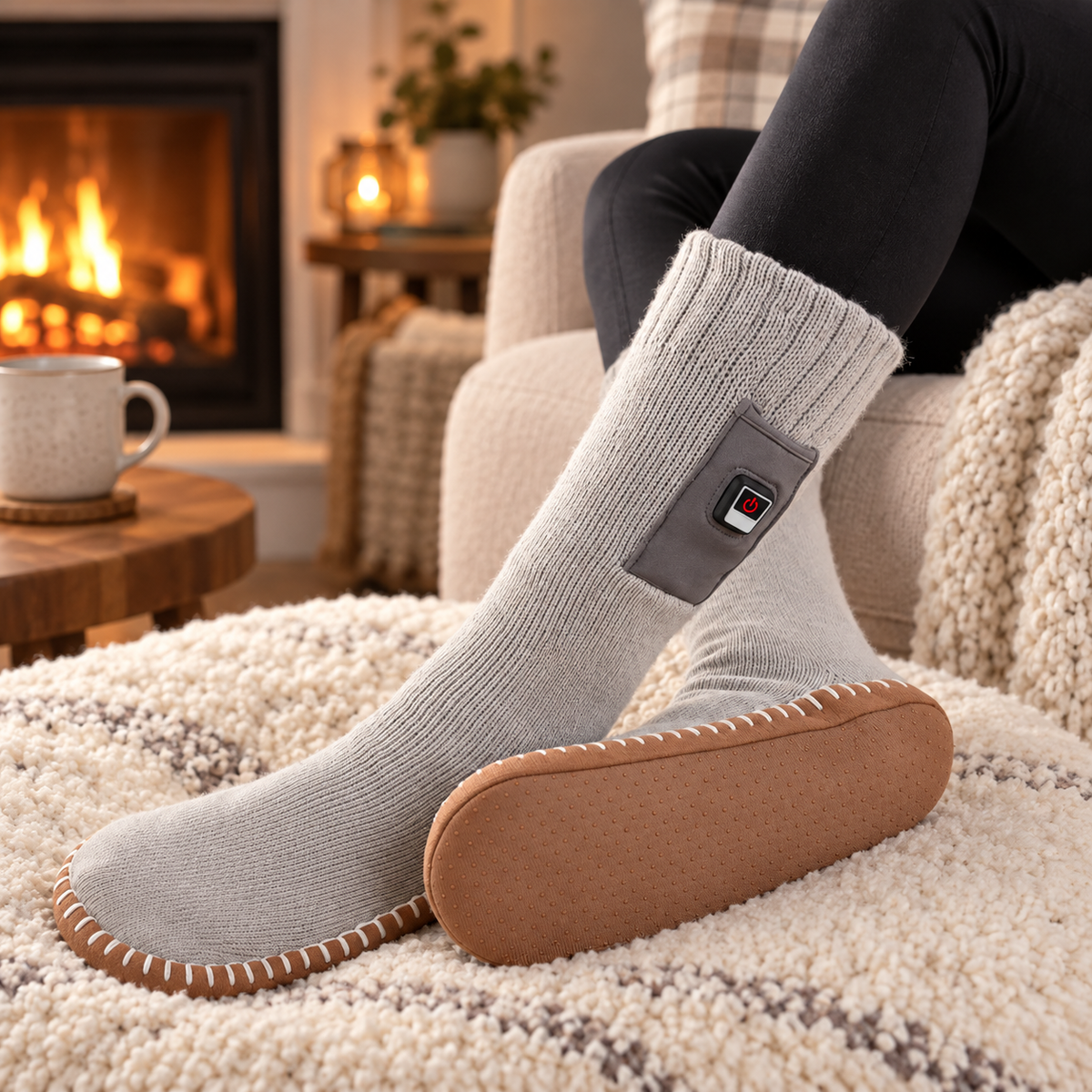 Beheizbare Socken mit rutschfester Sohle vor dem Kamin