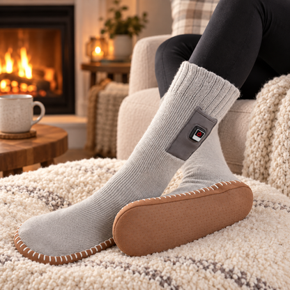 Beheizbare Socken mit rutschfester Sohle vor dem Kamin
