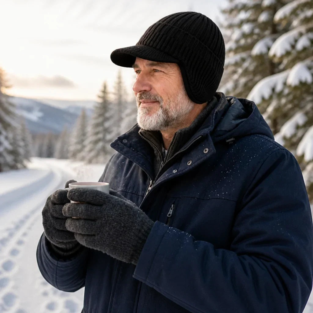 Mütze mit Ohrenklappen - Strick-Wintermütze mit Schirm - Fleecefutter – 7
