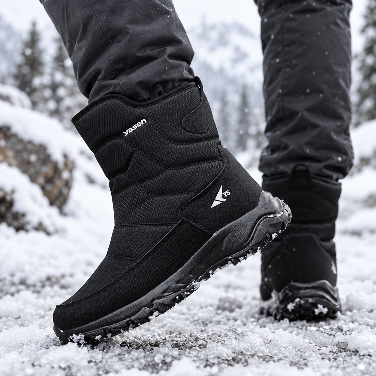 Winterstiefel Herren in Schwarz beim Gehen im Schnee