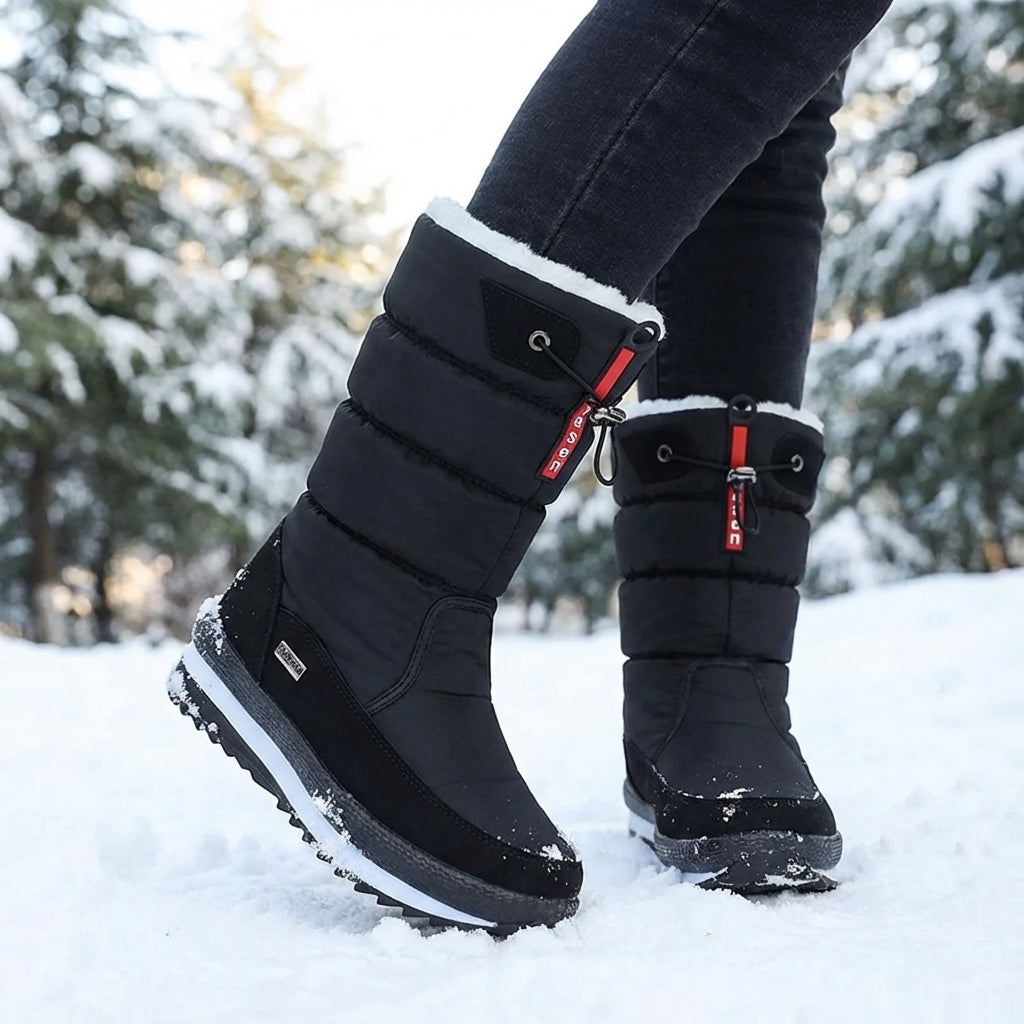 Winterstiefel Damen gefüttert in Schwarz getragen im verschneiten Wald