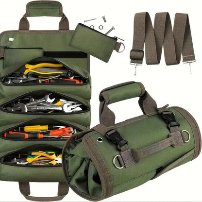 Werkzeugtasche Roll-Up Grün – aufgeklappt mit Werkzeug, Schulterriemen und Kleinteiltasche