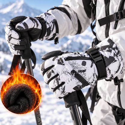 Skihandschuhe Weiß-Grau beim Skifahren mit Stöcken, weiches Innenfutter im Detail