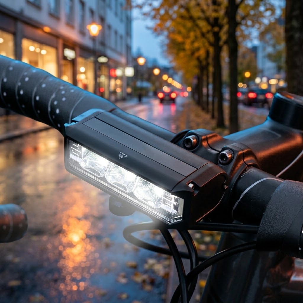 Fahrrad-Frontlicht LED am Lenker auf nasser Stadtstraße im Herbst