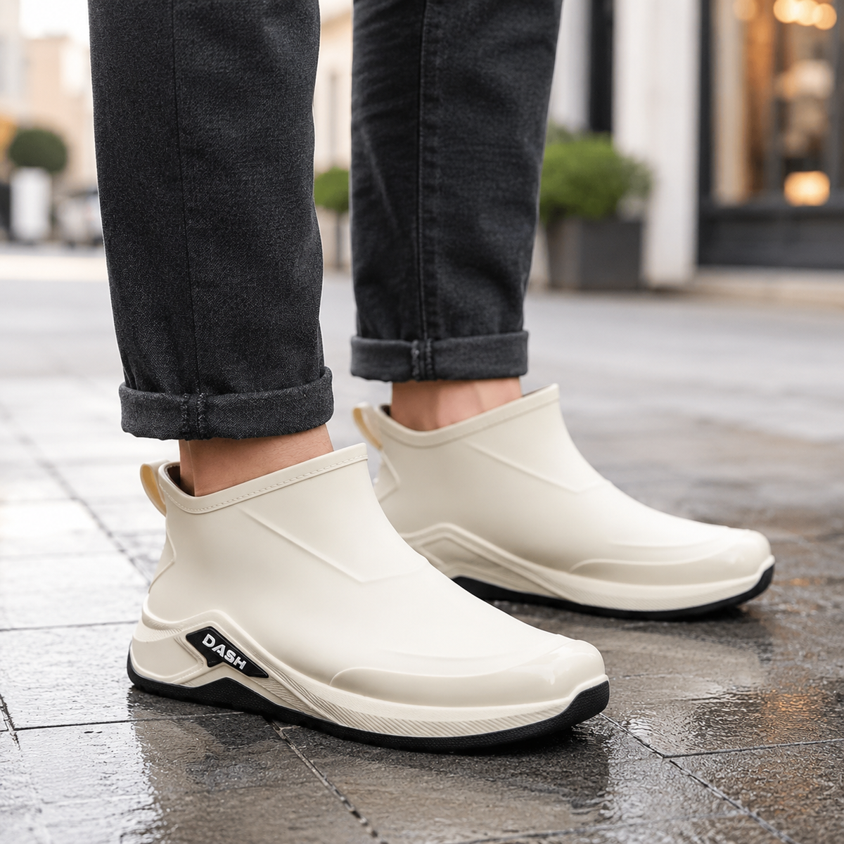 Gummistiefel Herren kurz in Beige getragen auf nassem Pflaster