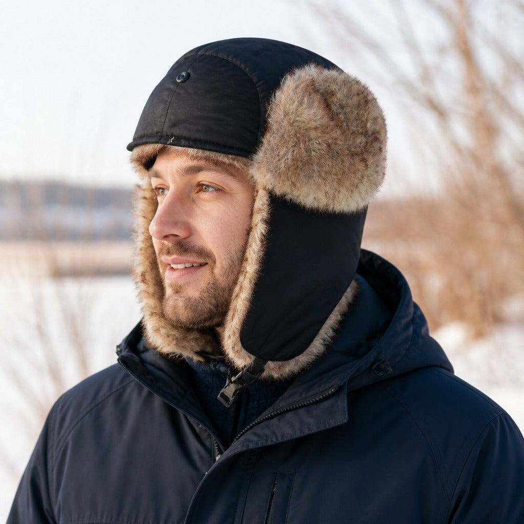 Trappermütze - Fliegermütze mit Kunstfell - Ohrenklappen & Kinnriemen – 9