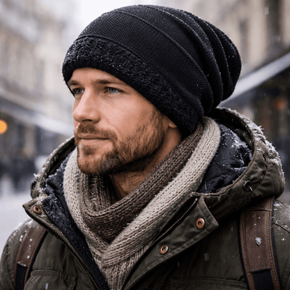 Slouchy-Mütze mit Fleecefutter in Schwarz, getragen im Schnee in der Stadt