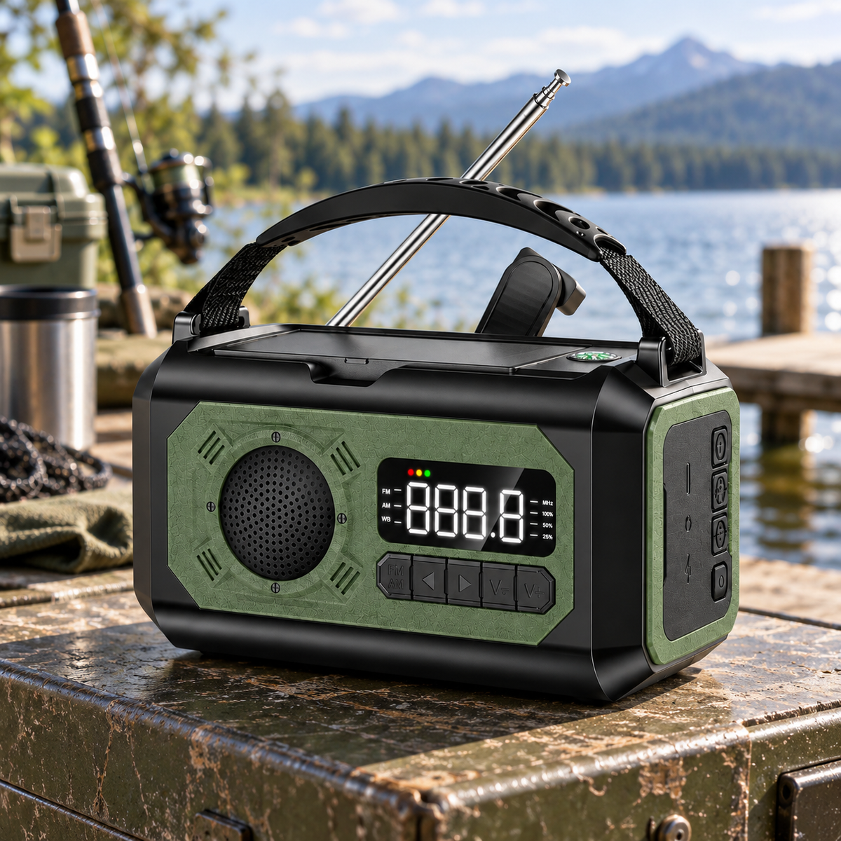 Kurbelradio mit Solarpanel auf einer Kiste am Seeufer