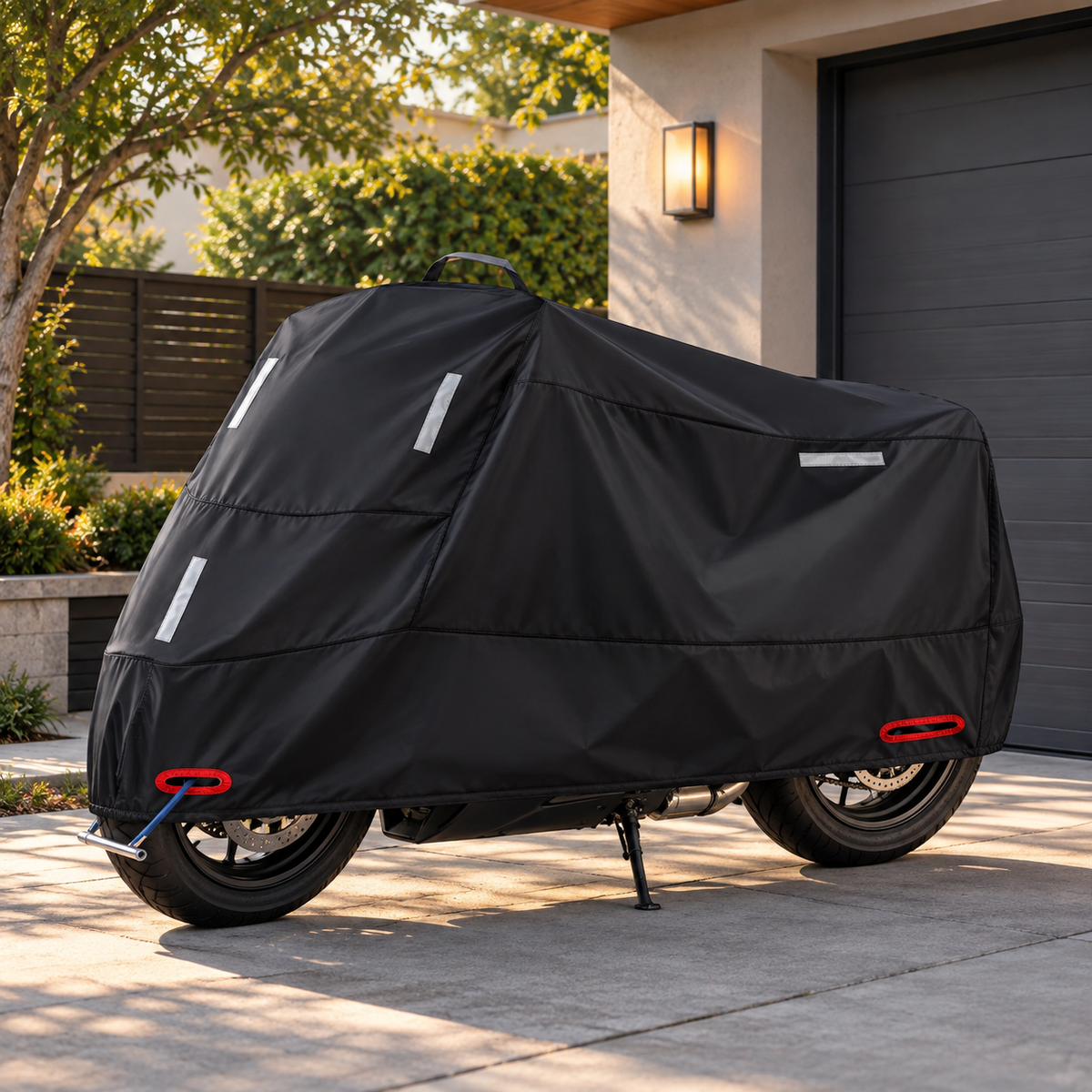 Motorradabdeckung aus Oxford-Gewebe mit Reflexstreifen in der Einfahrt vor der Garage