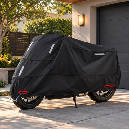 Motorradabdeckung aus Oxford-Gewebe mit Reflexstreifen in der Einfahrt vor der Garage