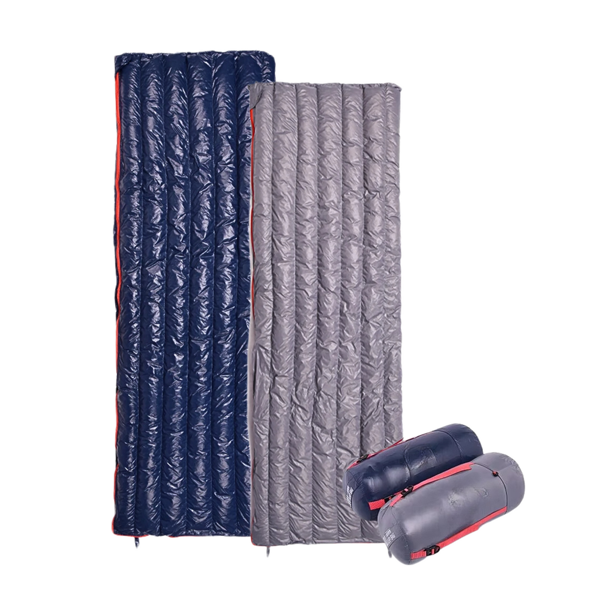 Daunenschlafsack in Navy Blau und Grau mit Kompressionssack