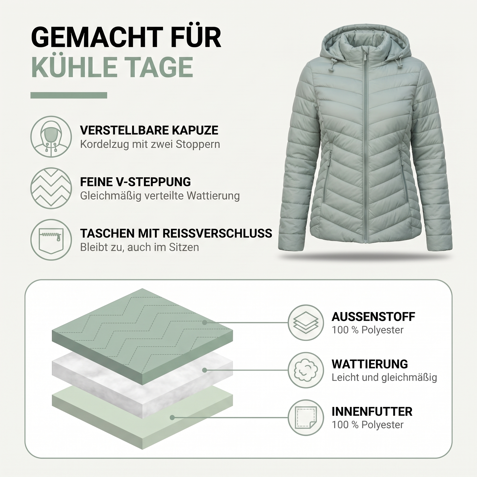 Steppjacke Damen - Verstellbare Kapuze - Leicht Wattiert