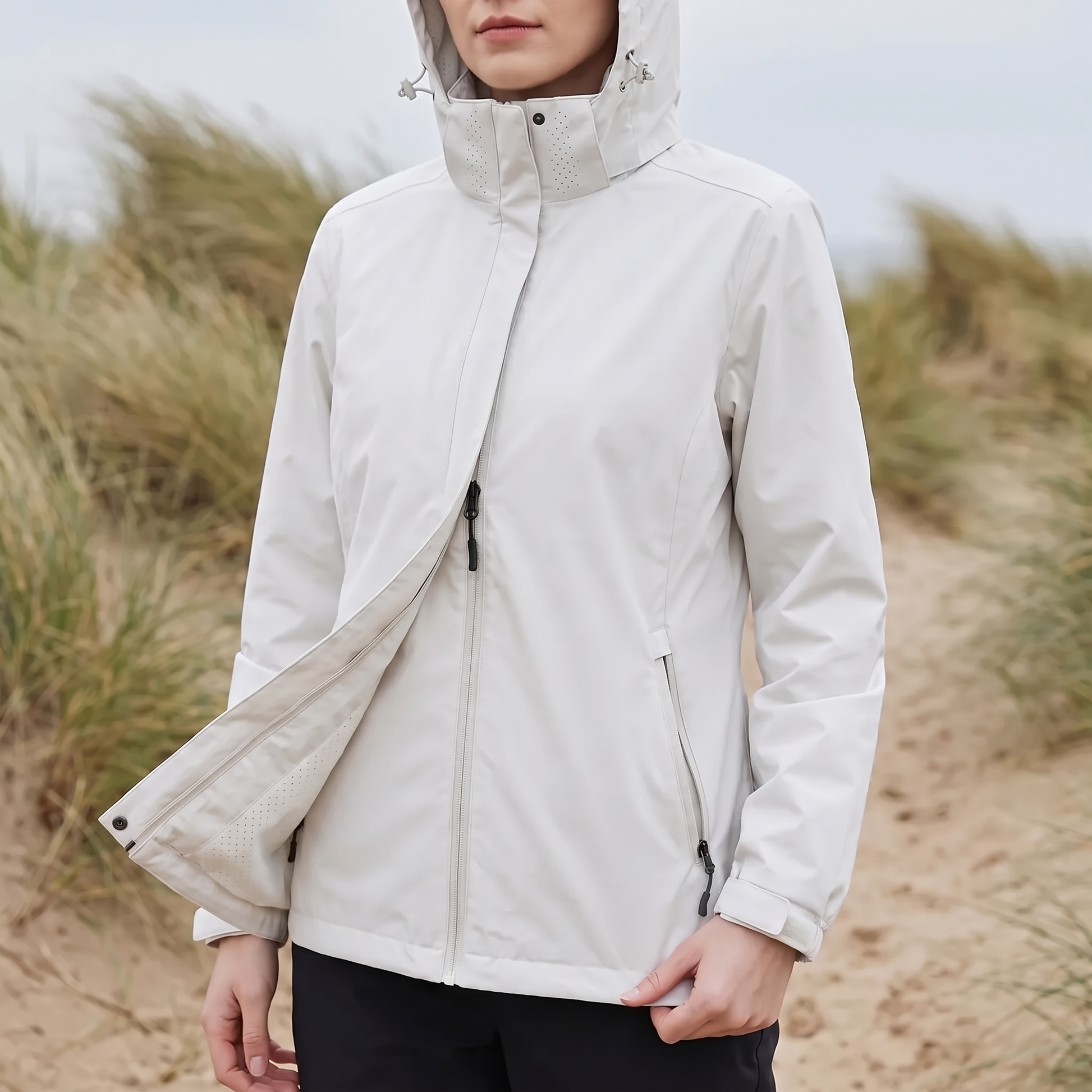 Frau in der weißen Damen-Windjacke mit aufgesetzter Kapuze in den Dünen bei Wind