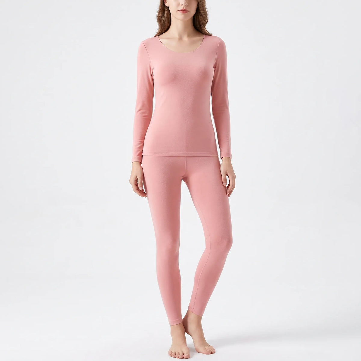 Thermounterwäsche Damen Pfirsich, Set – am Model auf hellem Hintergrund