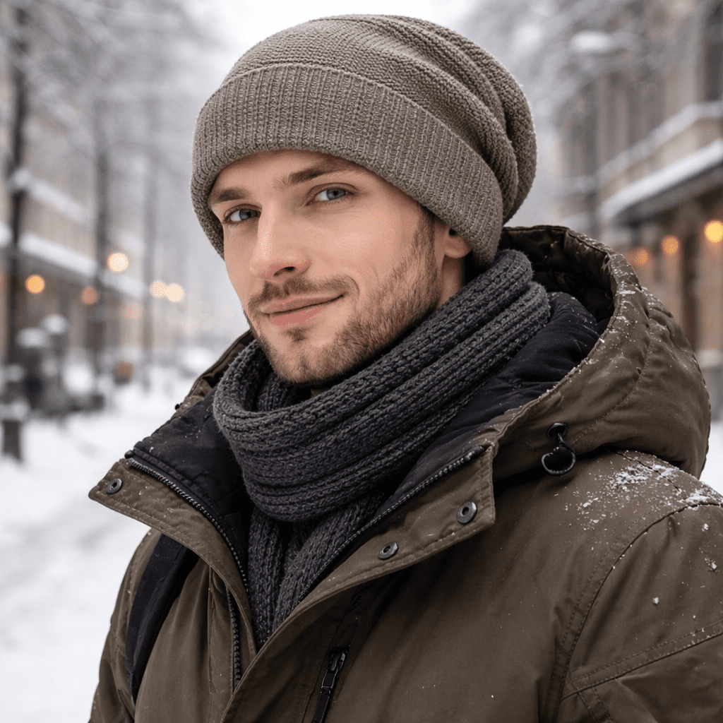 Slouchy-Mütze in Taupe, getragen mit Schal an einem verschneiten Wintertag