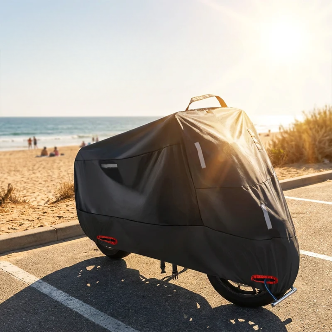 Motorradabdeckung schwarz auf einem Parkplatz am Strand in der Sonne