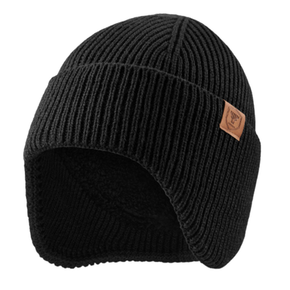Mütze mit Ohrenklappen in Schwarz – Produktfoto auf Weiß mit Fleecefutter