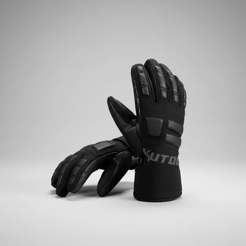 Skihandschuhe in Schwarz mit 5 Fingern – gepolsterte Finger und Seitenschnalle