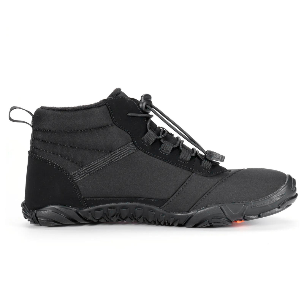 Winter Barfußschuhe Schwarz – Seitenansicht auf weißem Hintergrund